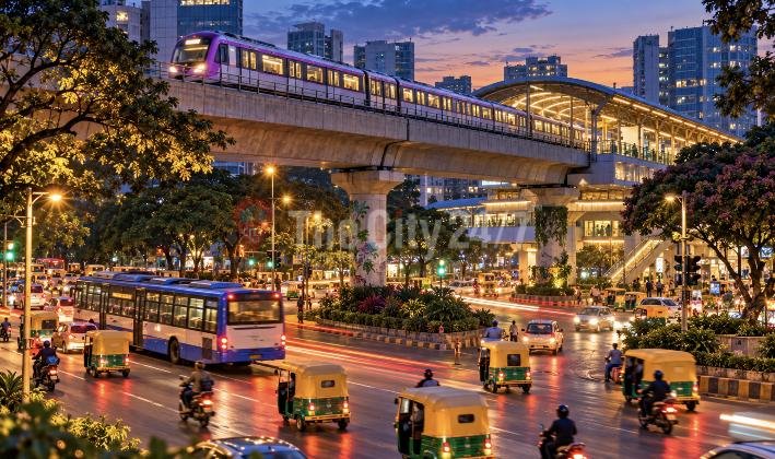 A purple metro train crosses an elevated track above a busy road filled with a city bus, autorickshaws and scooters at dusk