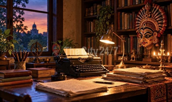 A vintage typewriter and stacks of handwritten pages on a lamplit desk, a painted Yakshagana mask on the bookshelves and a domed building at dusk outside