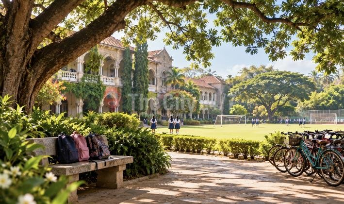 Schoolgirls in uniform walk across a sunlit playing field in front of an old colonial school building, school bags on a bench and bicycles parked nearby