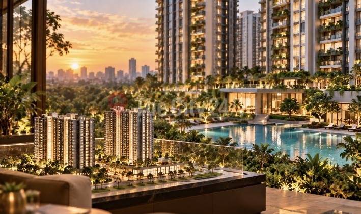 A scale model of apartment towers on a balcony overlooking a resort-style pool, lush gardens and high-rise residences at sunset