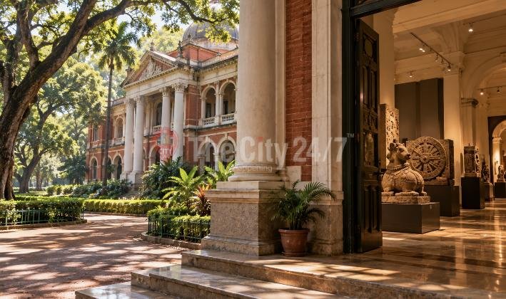 A red brick colonial museum with white columns among old trees, stone sculptures and a carved wheel displayed inside its polished hall