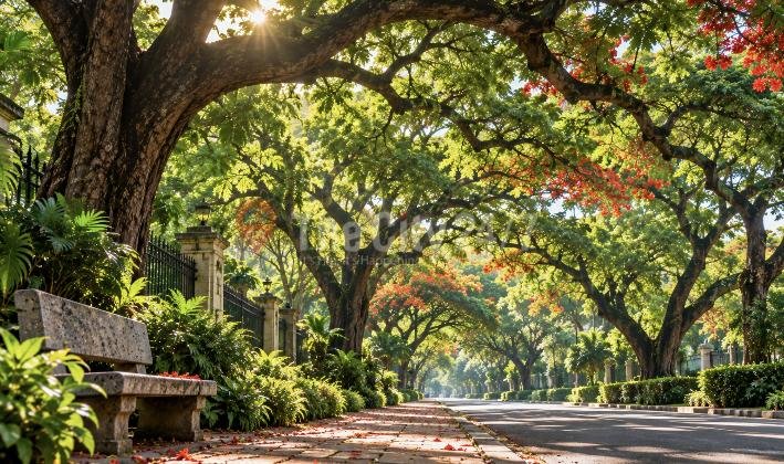 A quiet road under a canopy of huge old rain trees and red gulmohar blossoms, with a stone bench on the shaded pavement