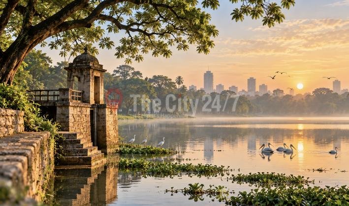 Pelicans and egrets on a misty lake at sunrise beside an old stone watchtower and steps, with the city skyline on the far shore