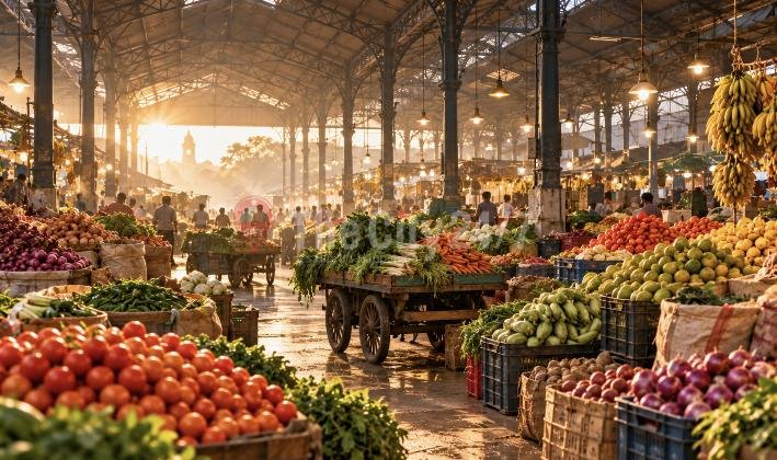 Heaps of tomatoes, greens, bananas and fruit on carts and crates under the iron roof of a busy wholesale market at dawn