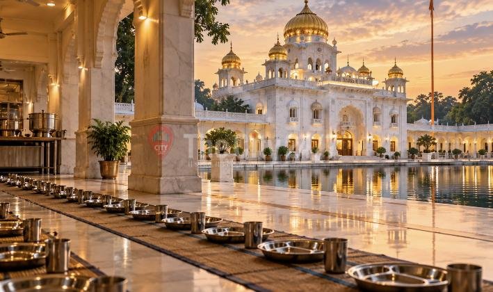 Rows of steel plates and cups laid on mats in a marble langar hall facing a white gurdwara with golden domes reflected in a pool