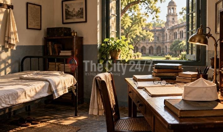 A spartan hostel room with an iron cot, a desk stacked with books, spectacles and a white Gandhi cap, a stone college building through the window