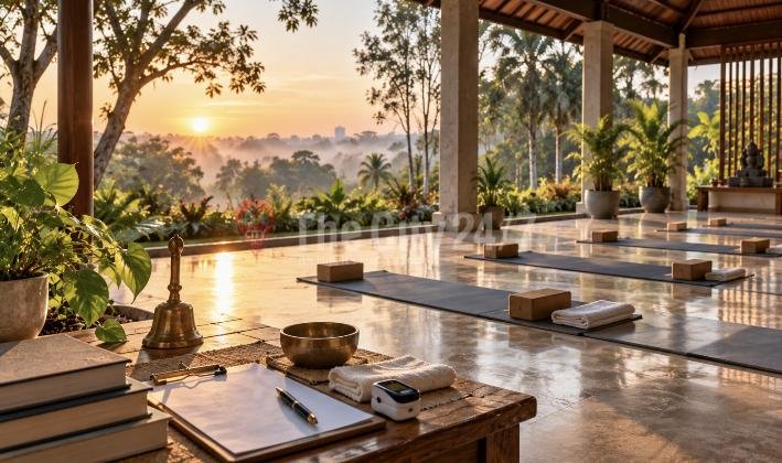 Yoga mats with blocks and towels laid out in an open-air pavilion overlooking misty forest at sunrise, a singing bowl, bell and notes in front