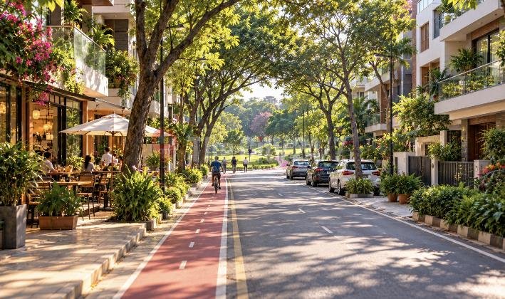 A tree-lined residential street with a red cycle lane, a cyclist, parked cars and pavement cafe tables in front of low-rise apartments