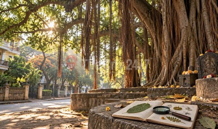 An open field notebook with pressed leaves and a magnifying glass on a stone platform beneath a huge banyan tree's hanging roots