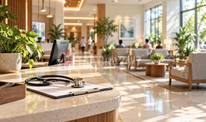 A stethoscope on a clipboard at the reception desk of a bright, plant-filled hospital lobby with patients waiting in armchairs