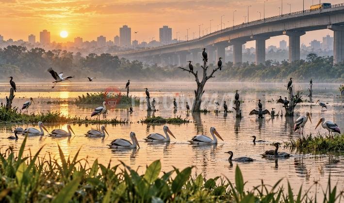 Pelicans, painted storks and cormorants gather on a misty lake at sunrise beneath an elevated flyover and city skyline