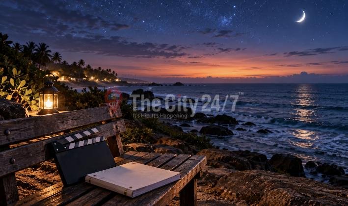 A film clapperboard, a script and a glowing lantern on a wooden bench overlooking a rocky seashore under a starry night sky with a crescent moon