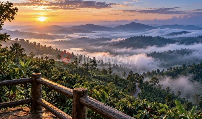 Mist fills the valleys between rolling green hills and coffee plantations seen from a wooden viewpoint railing at sunrise