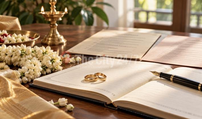 Two gold wedding rings on an open register beside a fountain pen, jasmine garlands, a brass lamp and marriage documents on a table