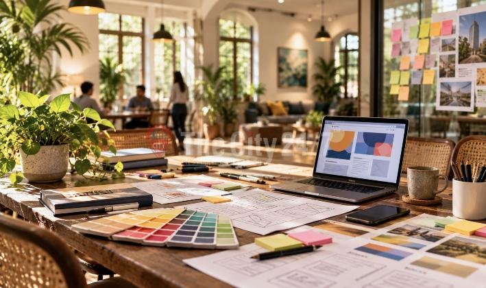 A laptop showing brand designs on a studio table covered with colour swatches, wireframe sketches and sticky notes, a team working behind