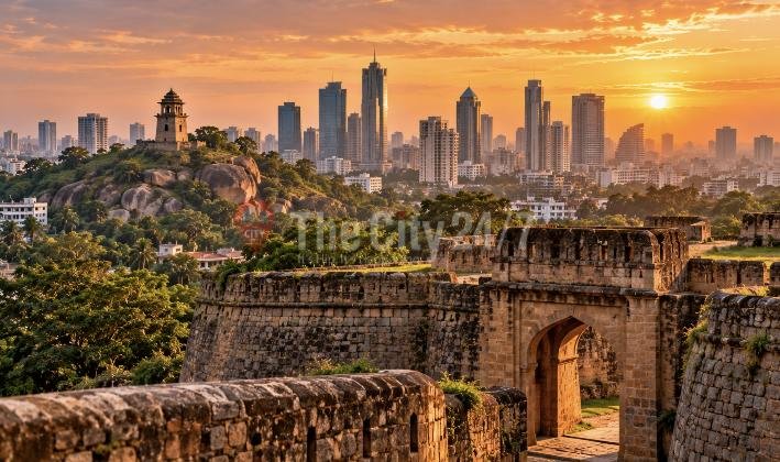 Old stone fort walls and an arched gateway in the foreground, a watchtower on a rocky hill and modern skyscrapers behind at sunset
