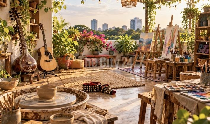 A sunny rooftop studio with a veena and guitar, a pottery wheel, ghungroo ankle bells, easels with paintings and art supplies