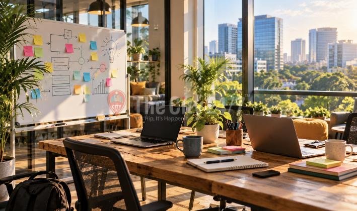 A sunlit startup office with laptops on a shared wooden table and a whiteboard covered in sticky notes and a business plan sketch, glass towers outside