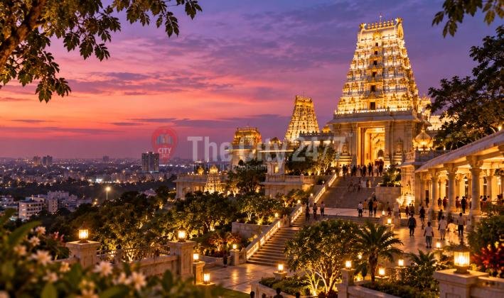 A lit temple complex with tall carved gopurams on a hilltop at sunset, devotees climbing lamp-lined stone steps, with the city spread out below