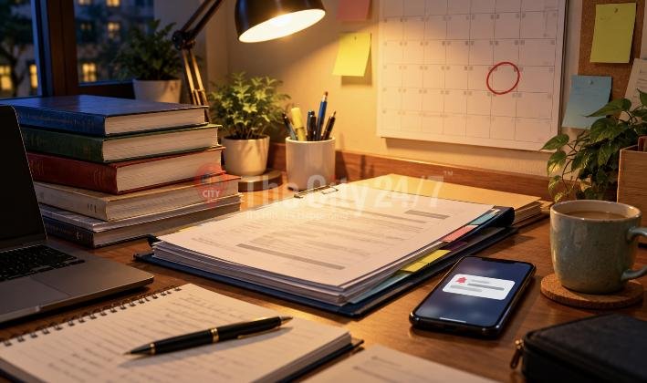 A file of application papers on a lamplit desk beside textbooks, a phone showing an alert and a wall calendar with a deadline circled in red