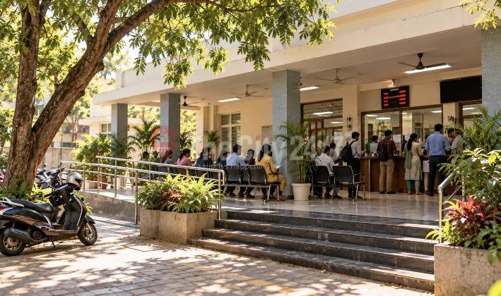 People wait on chairs and queue at counters in an open government service centre with a token display, a scooter parked under a shady tree outside