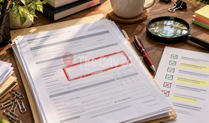 An application form with a box outlined in red on a desk beside a checklist with ticks and crosses, a magnifying glass, pen and paper clips