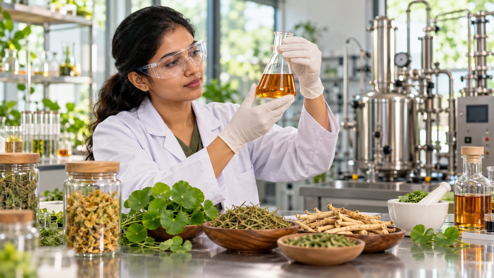 Indfrag Biosciences botanical extracts: a scientist holding a flask of plant extract beside herbs in a lab