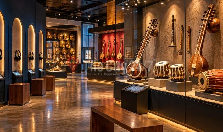 A dimly lit museum gallery with a sitar, veena, tabla and dholak in glass cases, a wall of brass cymbals, red-backed guitar display and listening stations with headphones