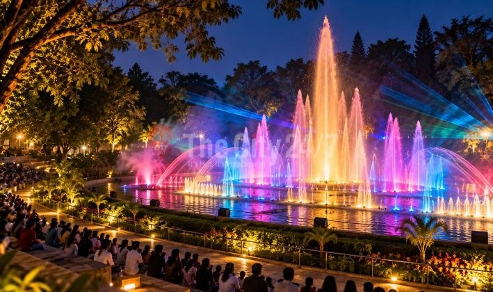 Fountain jets lit pink, purple and gold rising from a pool at night, with laser beams overhead and a crowd watching from tiered seating under trees