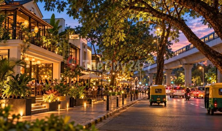 A tree-lined Indiranagar street at dusk with lit cafes and outdoor tables on the left, autorickshaws on the road and a Namma Metro train on the elevated line