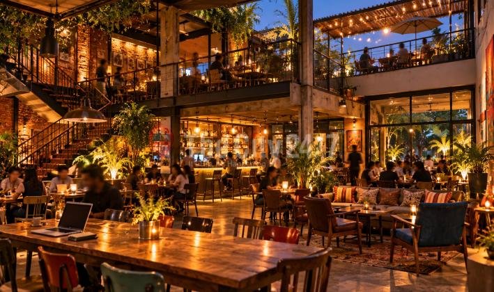 A busy multi-level cafe bar with brick walls, a wooden staircase, long communal tables with a laptop, lounge sofas and a balcony terrace lit at dusk