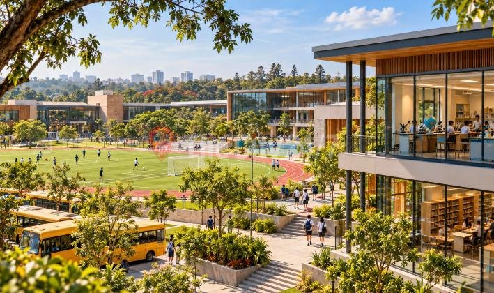 A large school campus with students on a football field and running track, yellow school buses, a glass-walled library block and the city skyline beyond