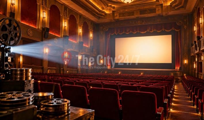 An ornate old cinema hall with rows of red velvet seats, a lit screen framed by red curtains and a film projector with reels in the foreground