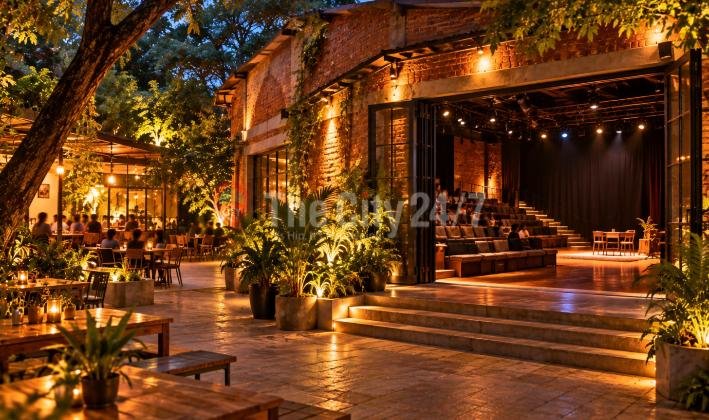 A brick theatre building at night with its large doors open onto raked seating and a stage, beside a courtyard cafe with lanterns and potted plants