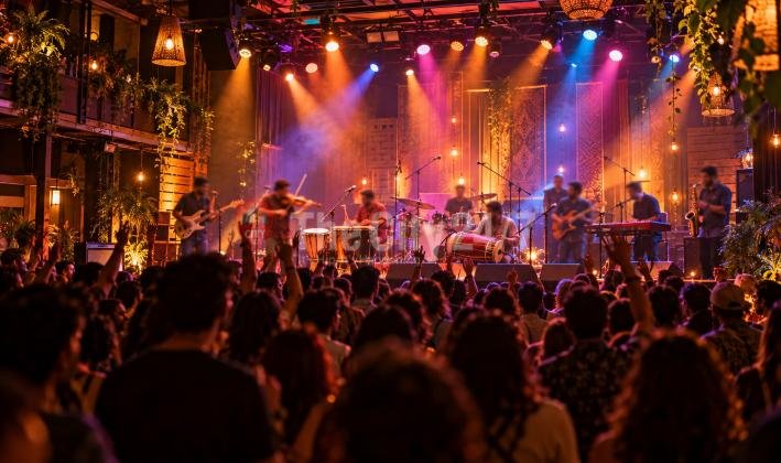 A crowd cheering a large band on a stage lit with pink, blue and orange spotlights, with guitars, violin, dhol, drums, keyboard and saxophone