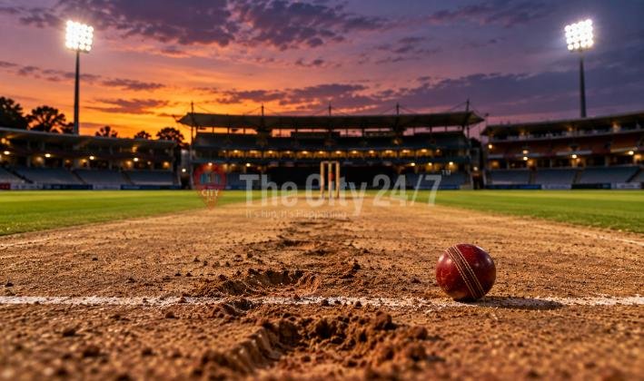 A red cricket ball resting on a scuffed pitch at a floodlit stadium at sunset, with the stumps and empty stands in the background