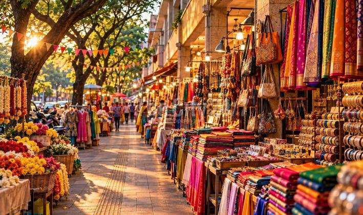 A tree-shaded shopping street at golden hour lined with stalls of saris, fabrics, bangles, handbags and fresh flower garlands under bunting