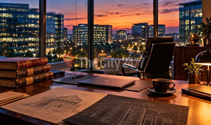 An executive desk at dusk with leather-bound books, a laptop, a coffee cup and architectural sketches, overlooking lit office towers