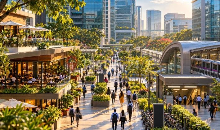 Office workers with backpacks walking along a landscaped tech park promenade between glass towers, cafes and an elevated metro station