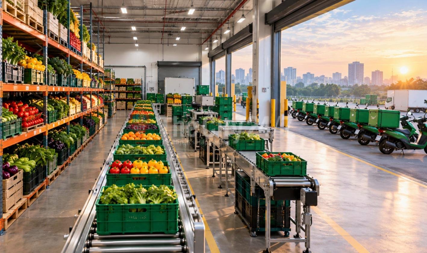 A grocery fulfilment warehouse with racks of fresh produce, green crates on conveyor belts and a row of delivery scooters at the loading bay