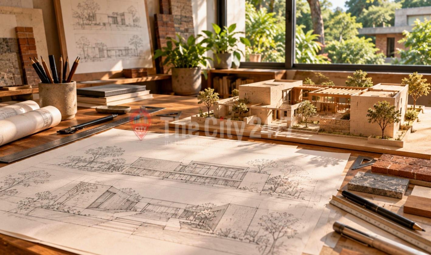 An architect's desk with pencil elevation sketches, rolled drawings, brick and stone samples and a model of a low courtyard house by a garden window