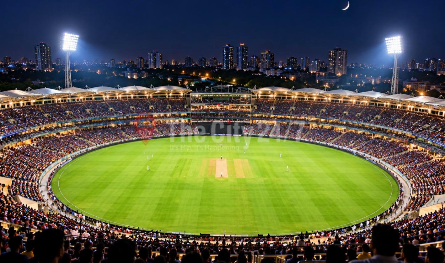 A packed floodlit cricket stadium at night with a match in progress on a green oval and city towers beyond