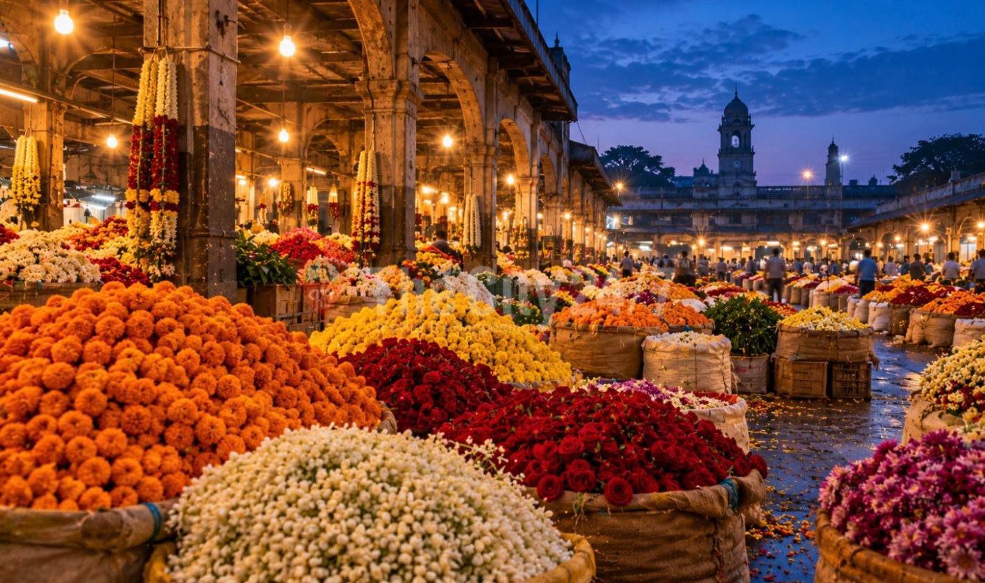 Heaps of marigolds, jasmine, roses and chrysanthemums in sacks under the arches of a busy flower market at dawn, with a clock tower behind