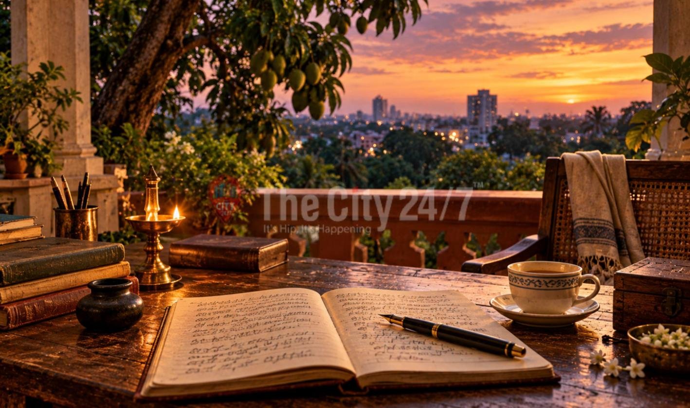 An open handwritten notebook and fountain pen on a verandah desk at sunset, beside old books, a brass lamp and a cup of coffee, overlooking the city