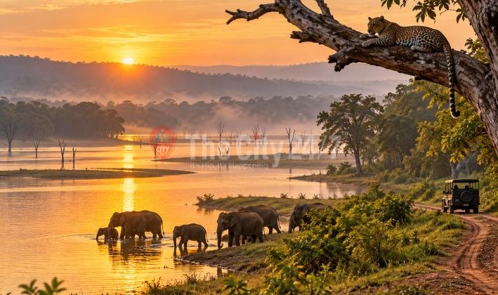A herd of elephants wading along a misty lakeshore at sunrise, with a leopard resting on a tree branch and a safari jeep on a dirt track