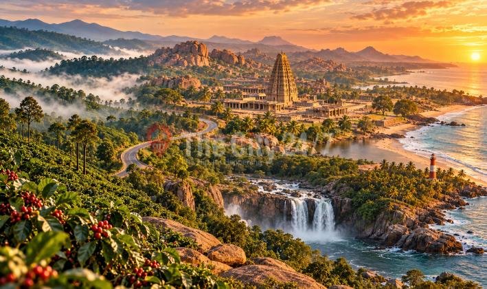 A sunset landscape combining coffee plantations, misty hills, a temple tower among boulders, a waterfall and a coastline with a lighthouse