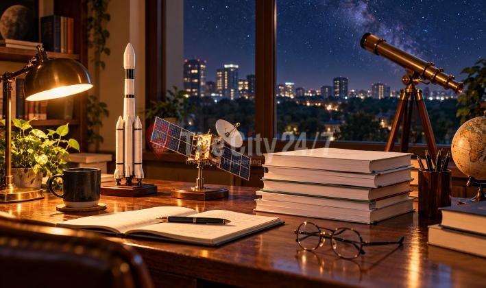 A study desk at night with a rocket model, satellite model, notebook, books and glasses, a brass telescope and globe, and a starry city view