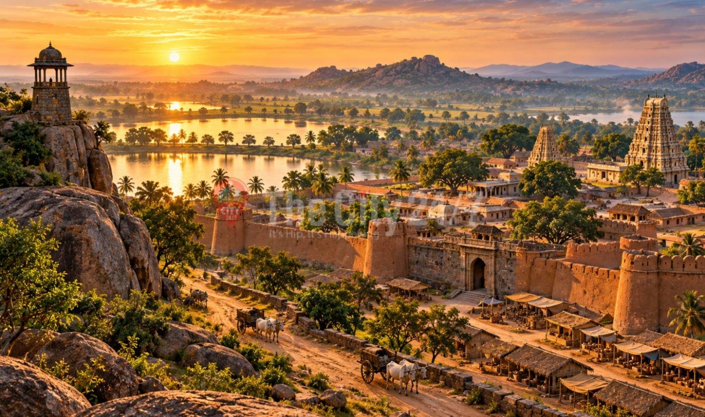 A walled mud fort town at sunrise with a gateway, bullock carts on a dirt road, market stalls, temple towers, a lake and a watchtower on a boulder hill