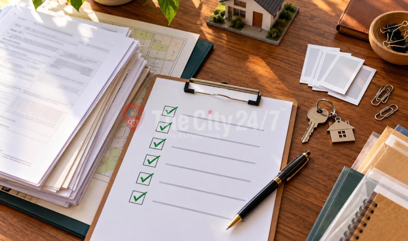A clipboard checklist with green ticks on a wooden desk beside stacks of property papers, a site plan, passport photos, house keys and a pen