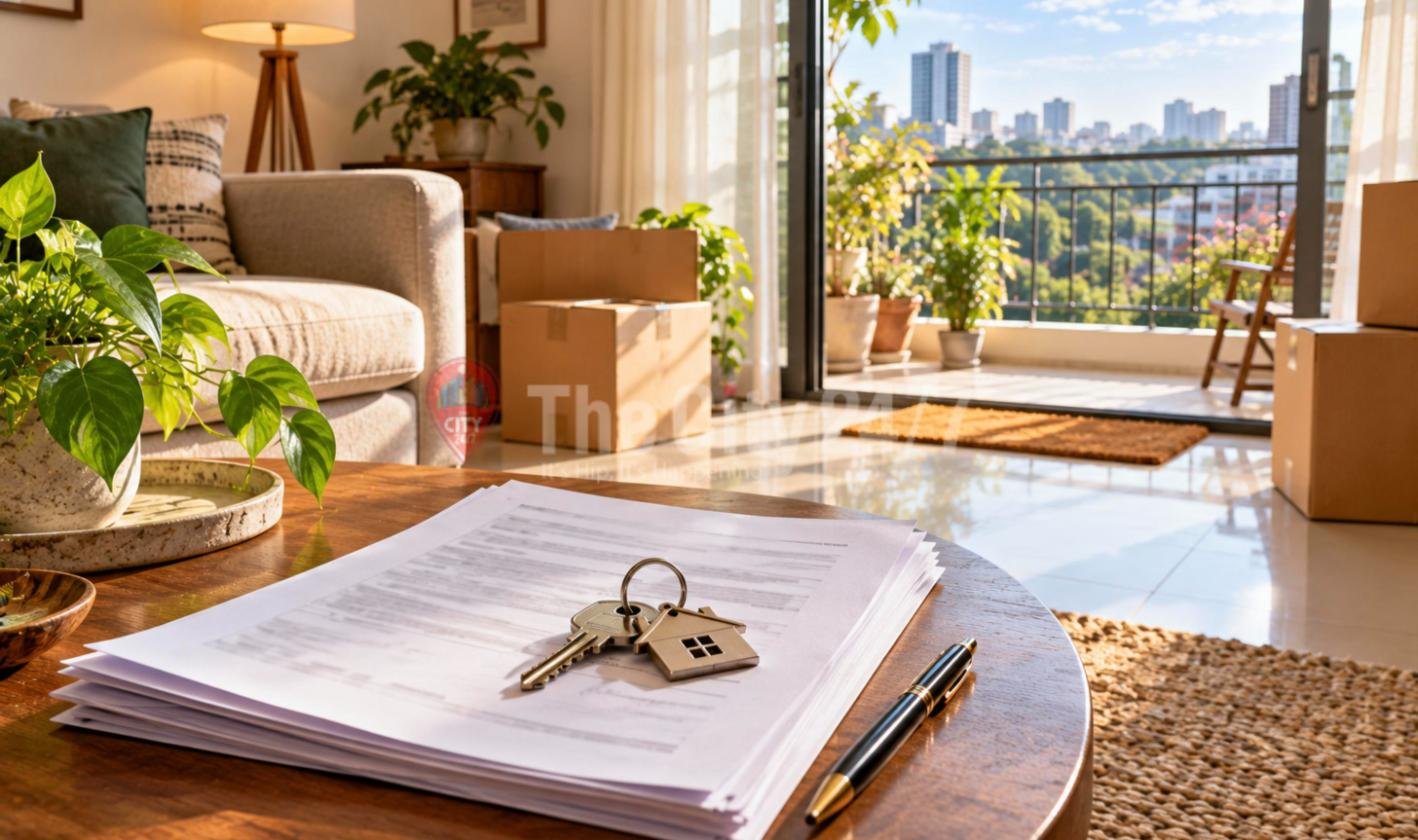 A stack of property documents with house keys and a pen on a coffee table in a sunlit flat with moving boxes and a balcony view of the city